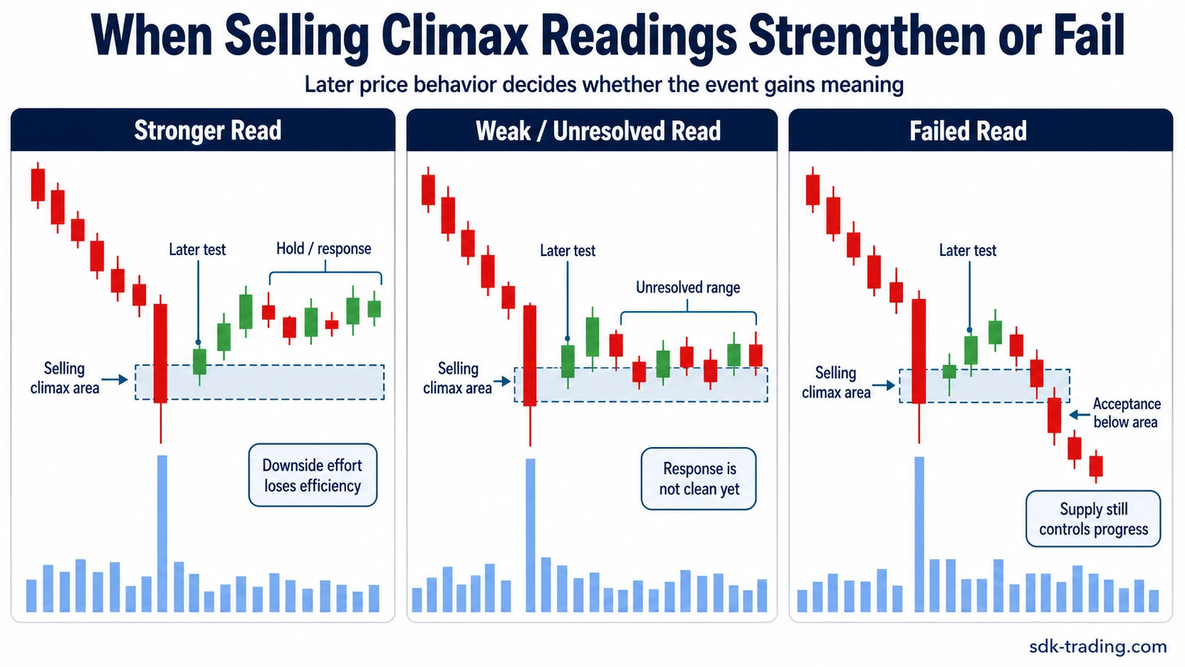 Selling climax readings strengthen or fail depending on later hold, unresolved range, or acceptance below the area