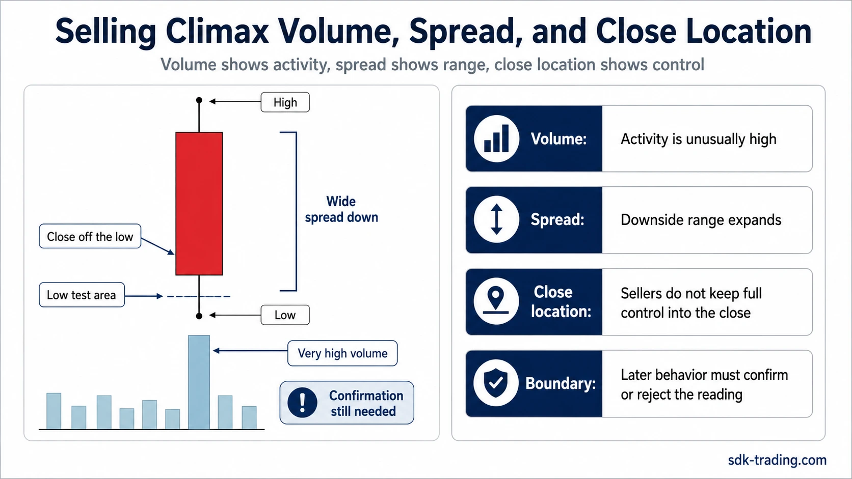 Selling climax volume spread and close location explained with high volume, wide spread, and close off the low