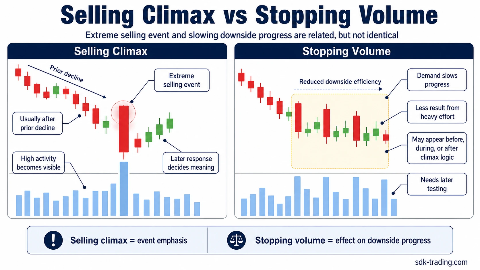 Selling climax versus stopping volume comparison showing event intensity and slowing downside progress