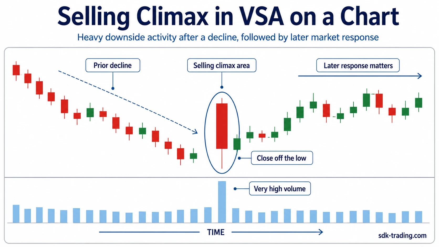 Selling climax in VSA shown on a chart with prior decline, volume spike, and later response
