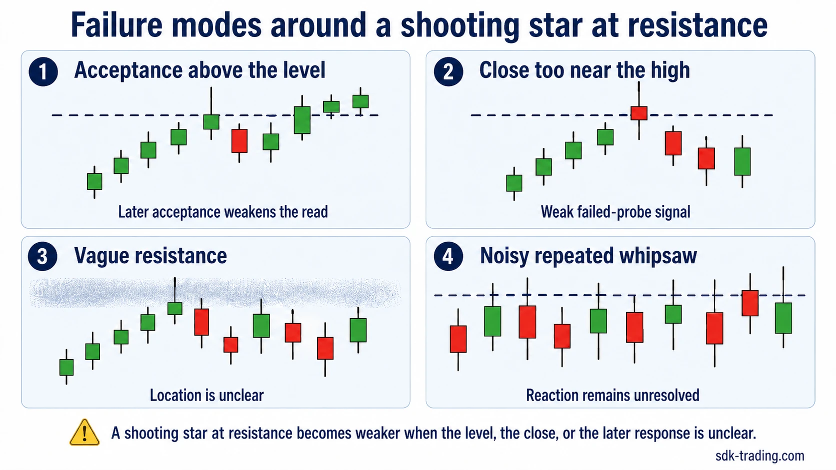 Failure modes around a Shooting Star at resistance including acceptance above the level, close too near the high, vague resistance, and noisy repeated whipsaw.