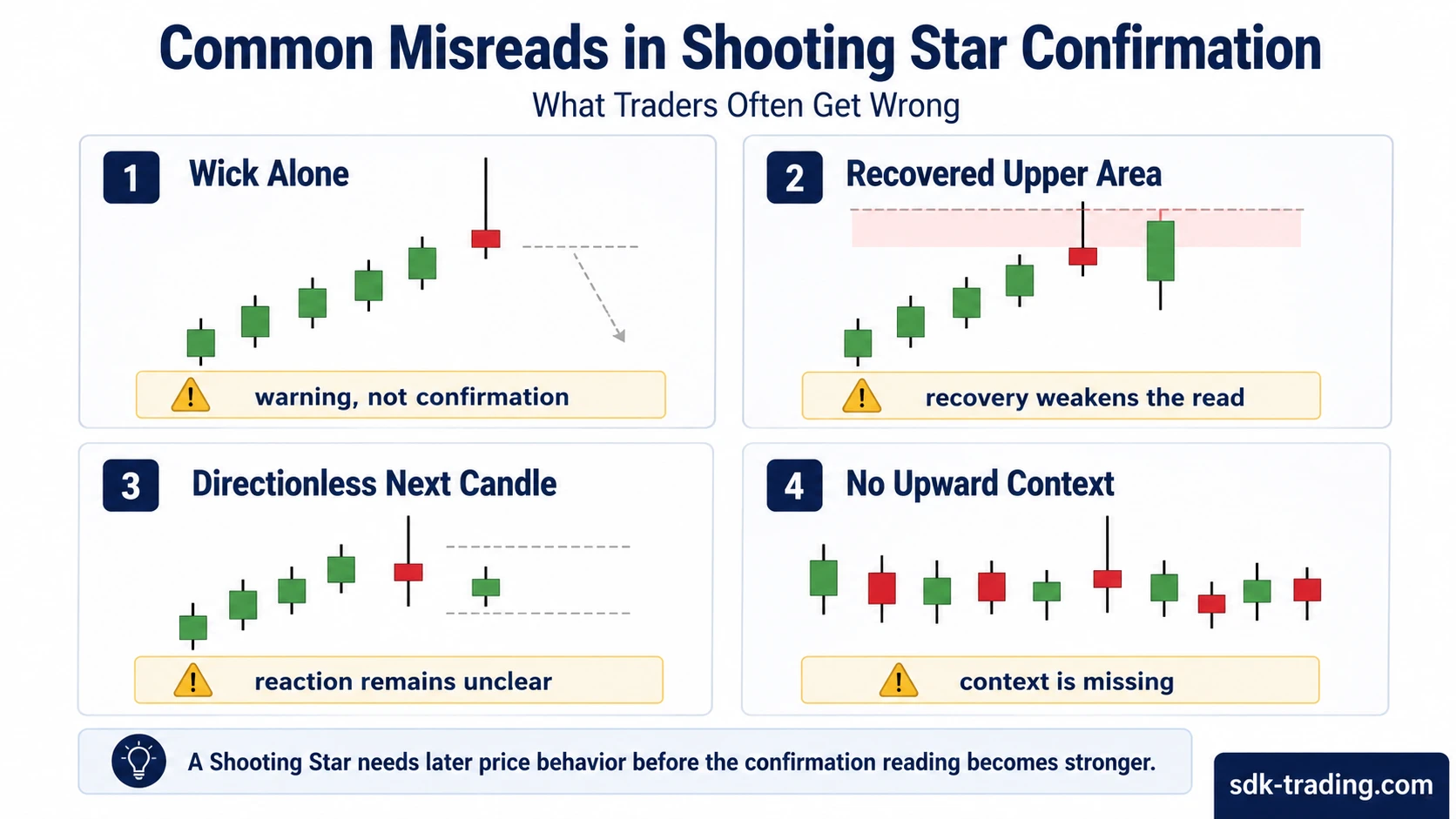 Common misreads in Shooting Star confirmation including wick alone, recovered upper area, directionless next candle, and no upward context.
