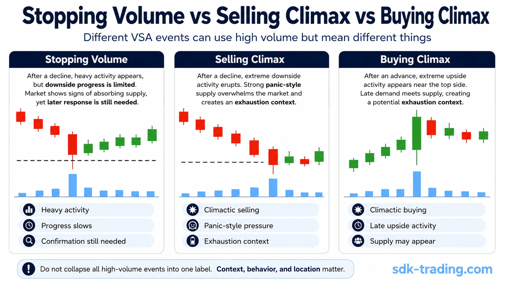 Stopping volume versus selling climax versus buying climax showing different VSA events with heavy volume
