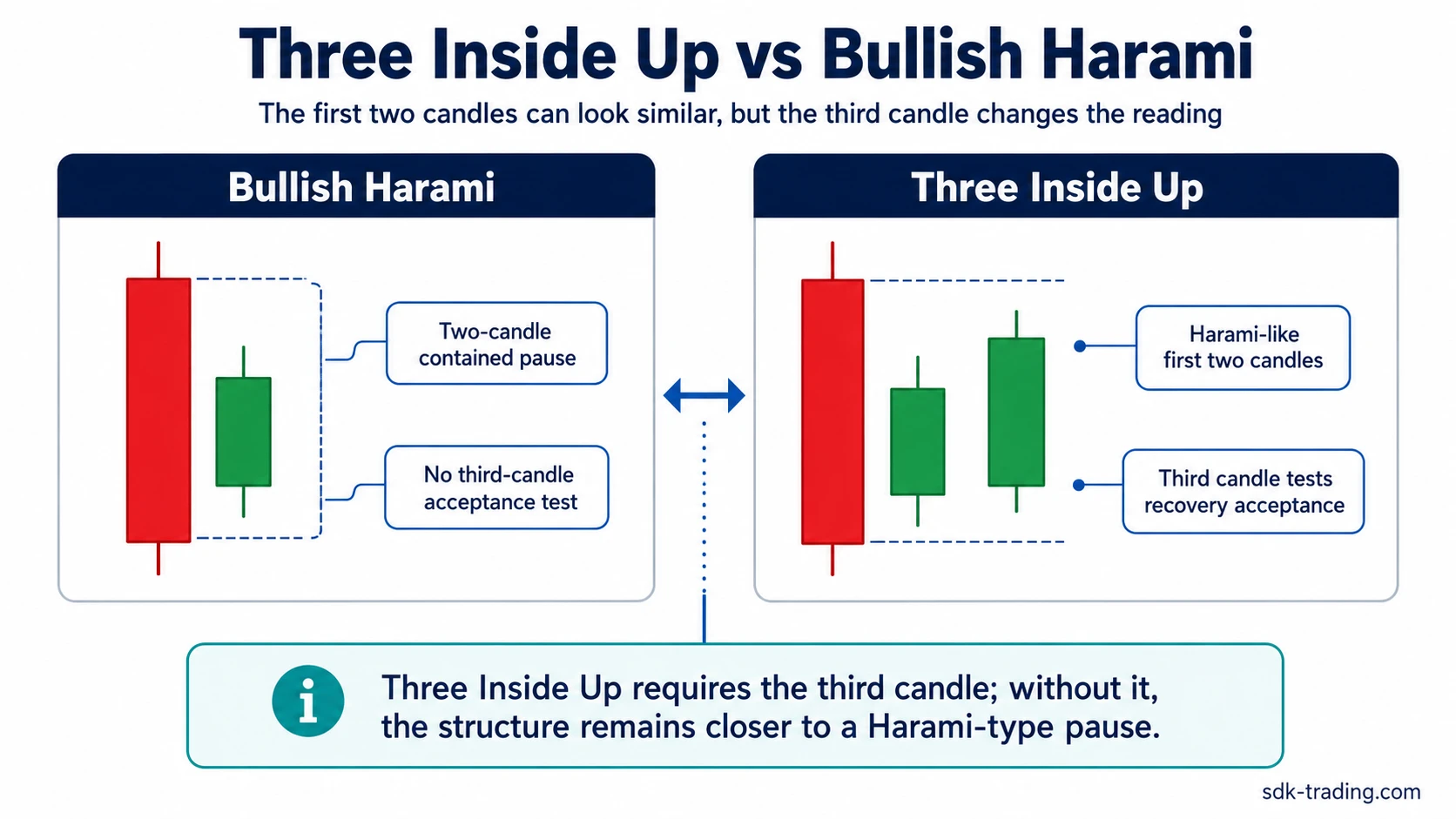Three Inside Up vs Bullish Harami comparison showing two-candle containment and third-candle recovery acceptance
