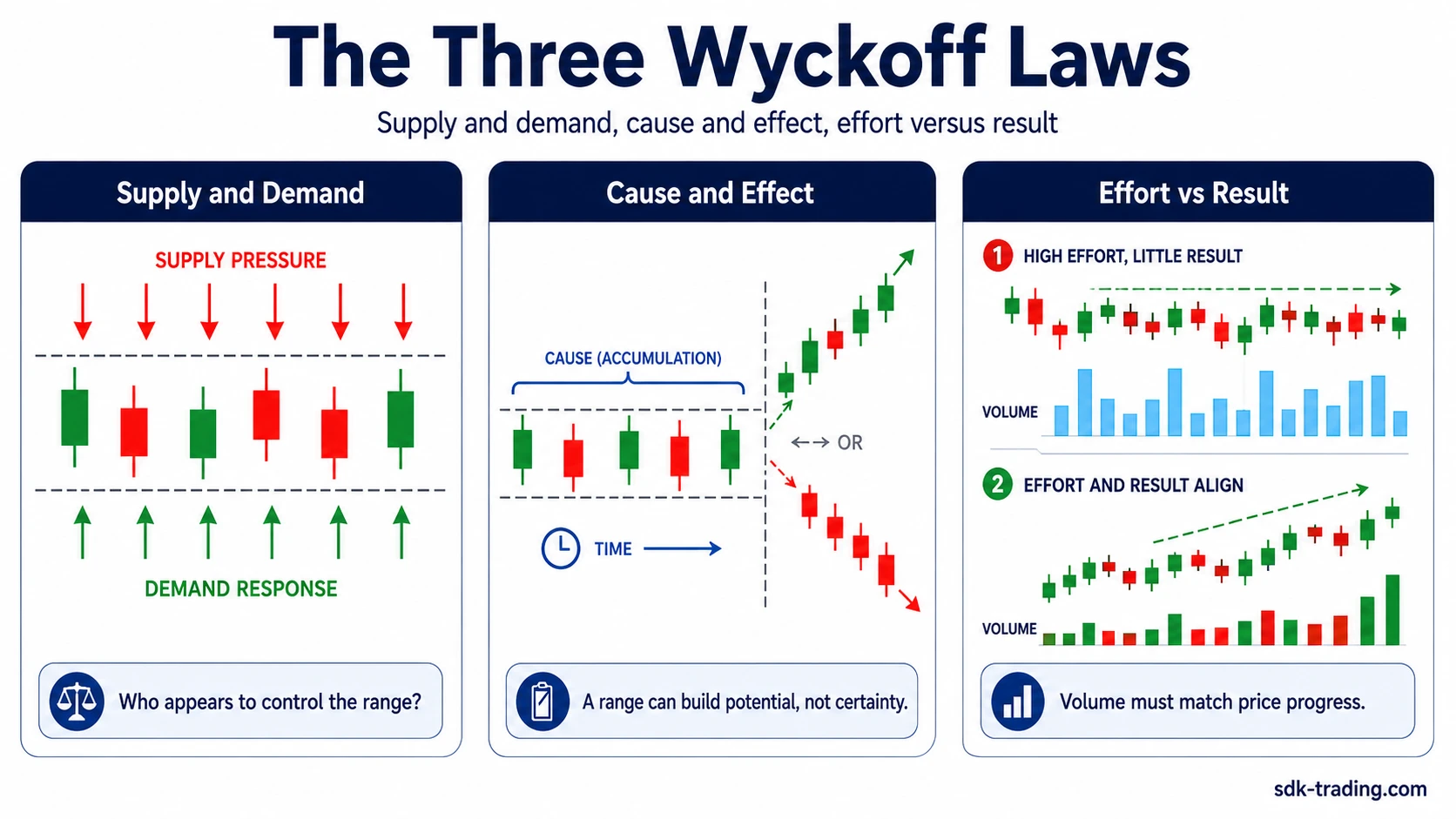 Three Wyckoff laws showing supply and demand cause and effect and effort versus result