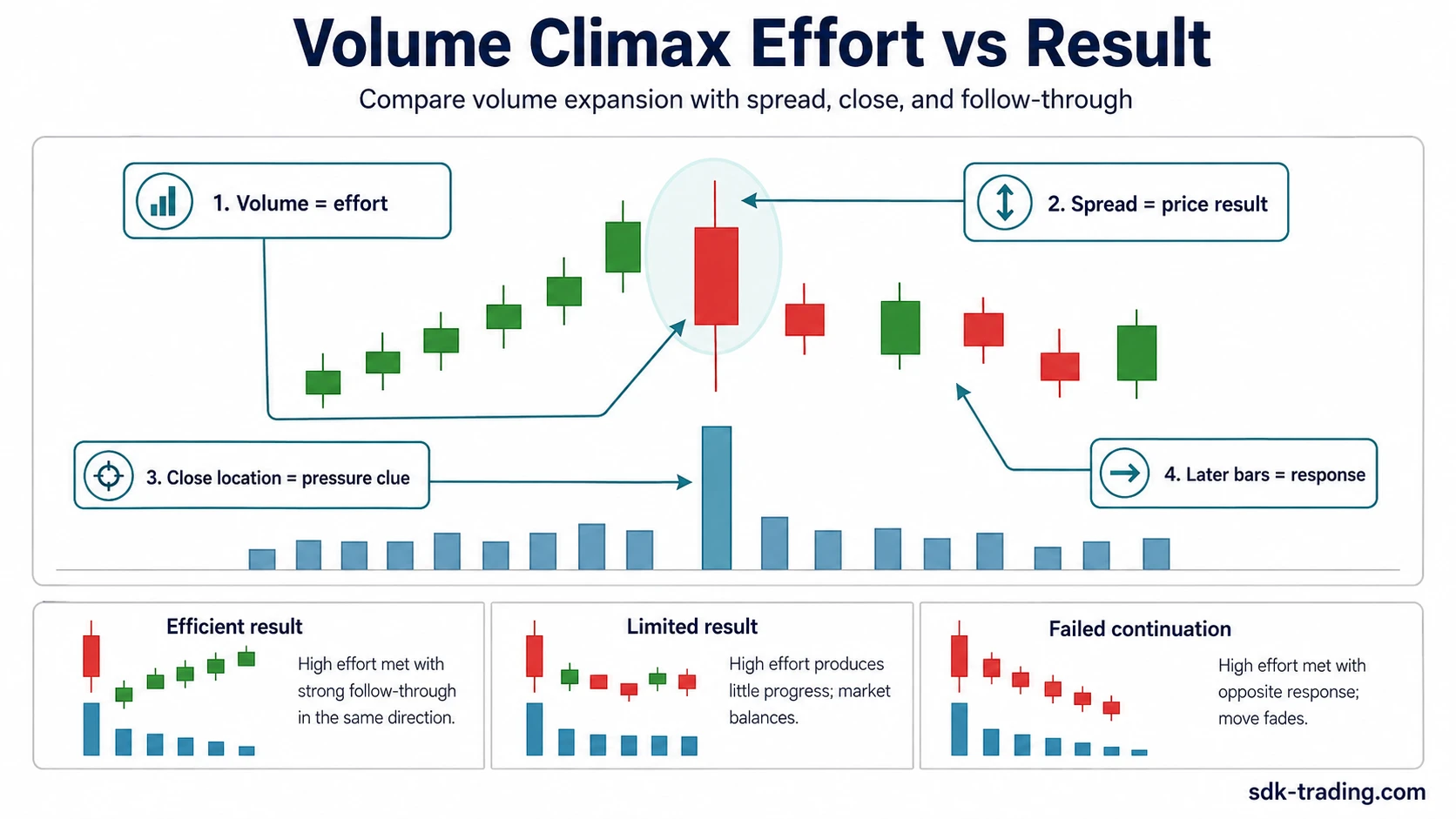 Volume climax effort versus result with volume expansion spread close location and later bars