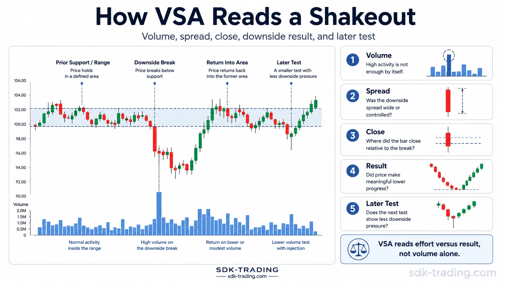 VSA shakeout reading showing volume, spread, close location, downside result, and later test behavior