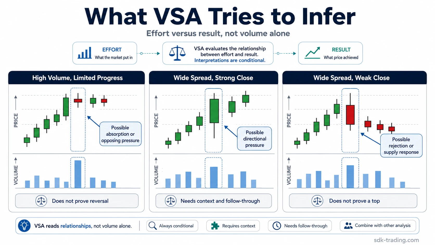 What VSA tries to infer from effort versus result, including high volume with limited progress and weak close examples