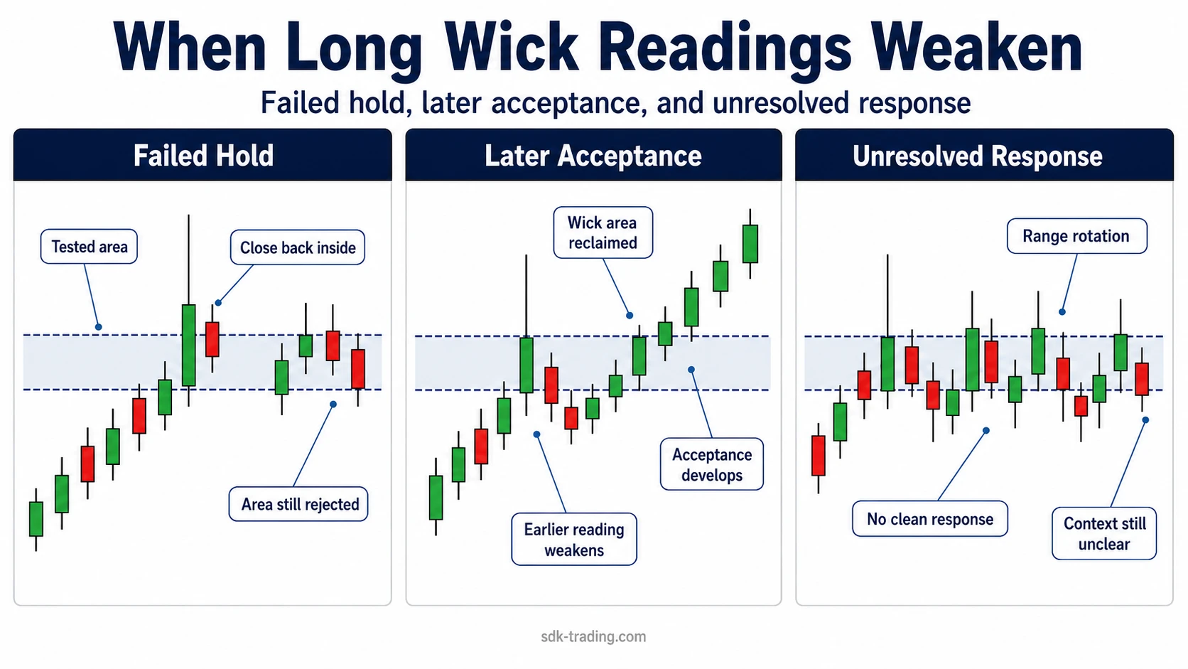 Three long wick candlestick response examples showing failed hold, later acceptance, and unresolved response.