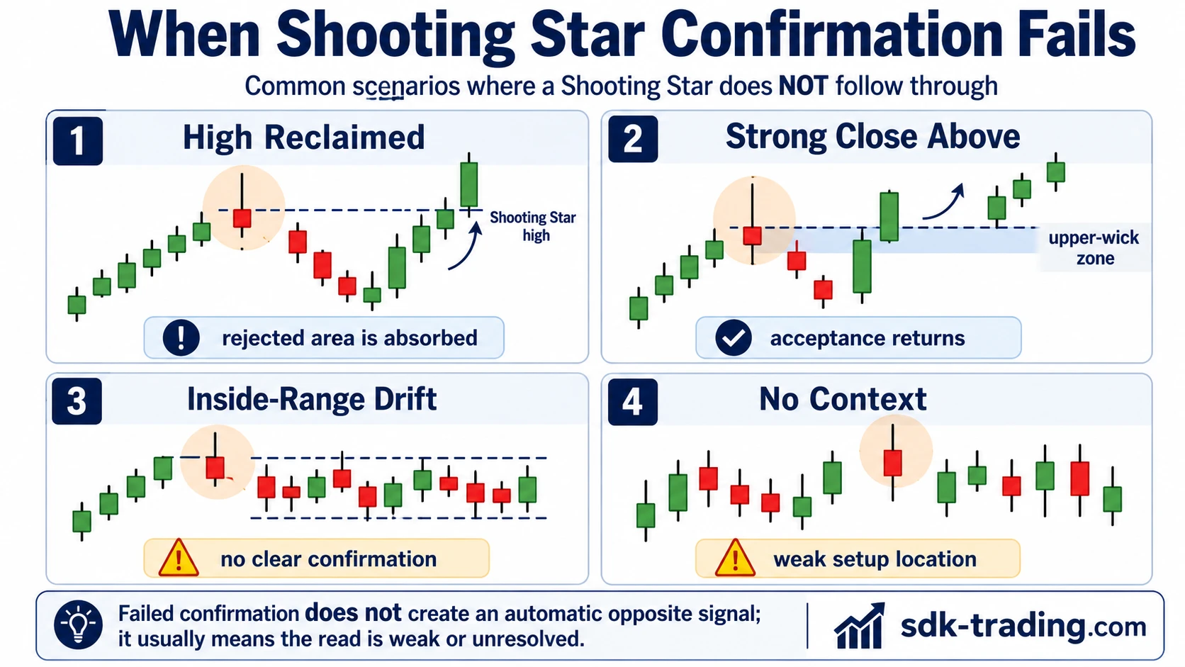 When Shooting Star confirmation fails with high reclaimed, strong close above, inside-range drift, and no context examples.