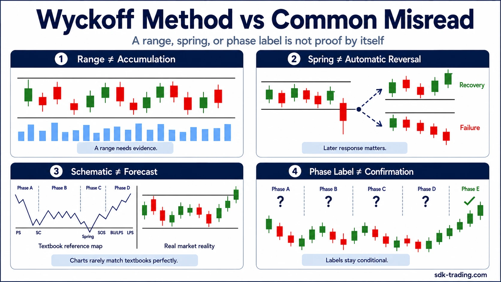 Wyckoff Method common misreads showing range accumulation spring schematic and phase label mistakes