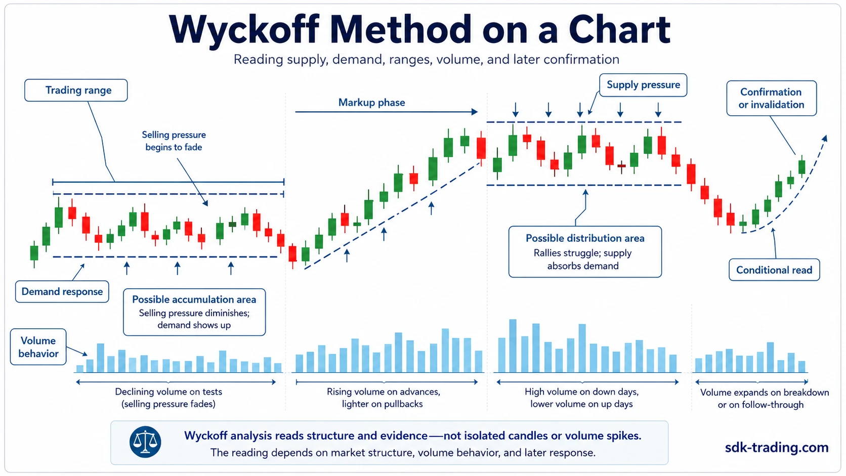 Wyckoff Method chart showing ranges, supply, demand, volume behavior, and later confirmation or invalidation
