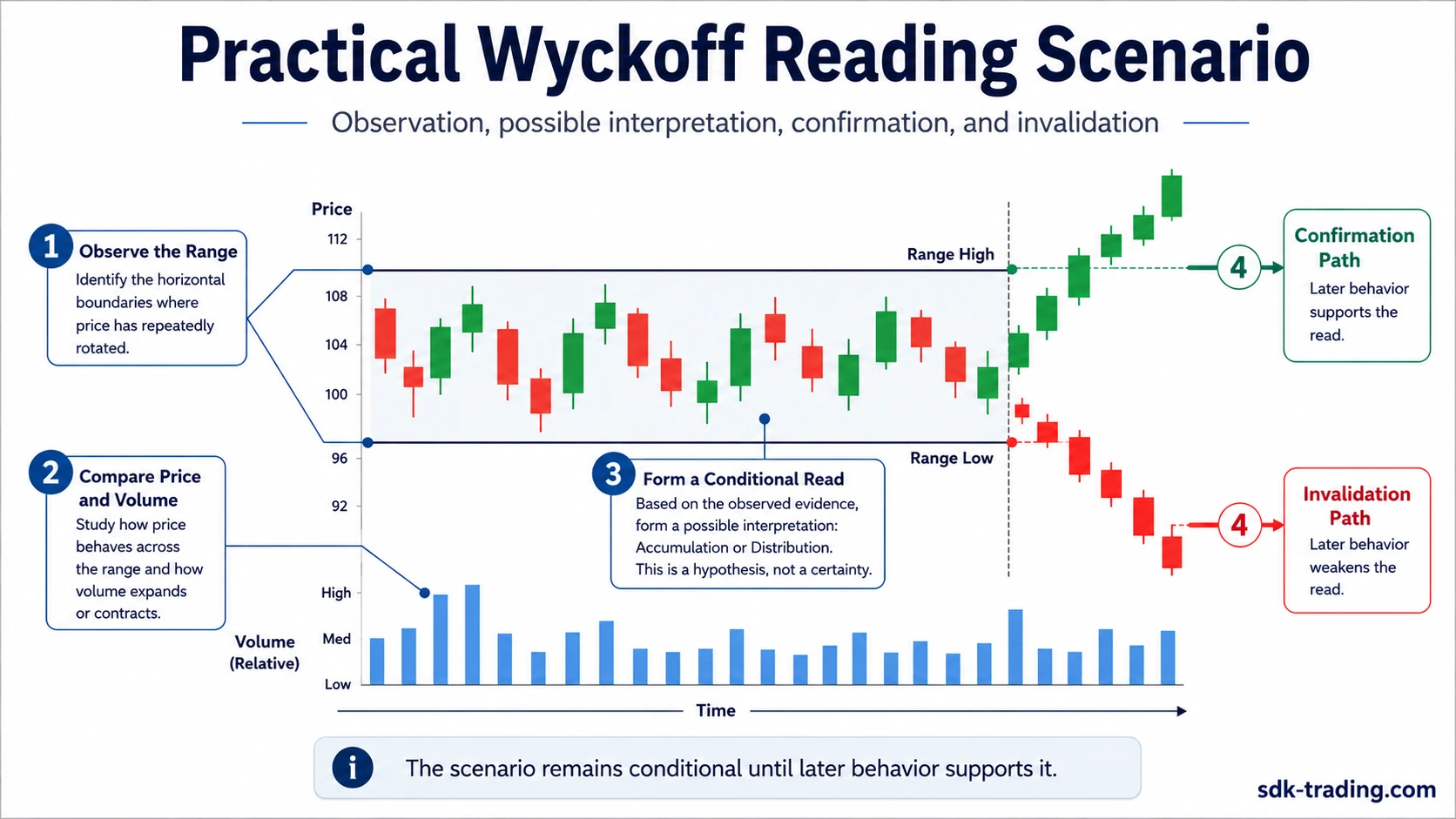 Practical Wyckoff reading scenario showing observation price and volume comparison conditional read and later response