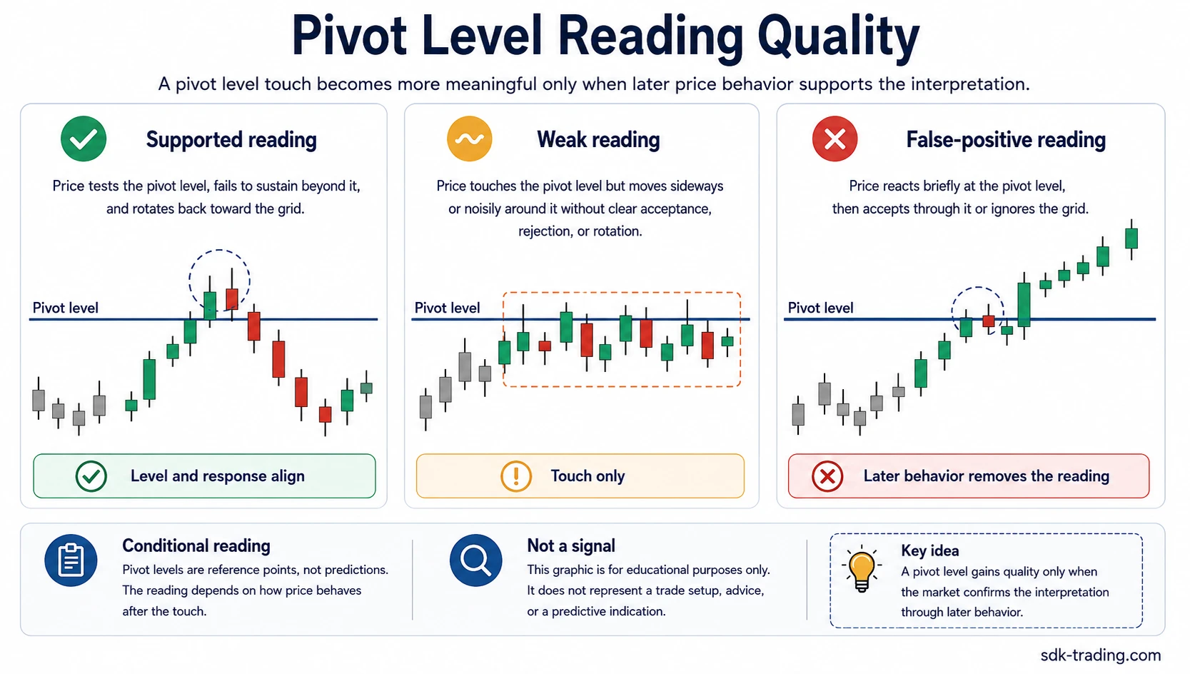 Supported, weak, and false-positive pivot level readings compared around a calculated pivot level
