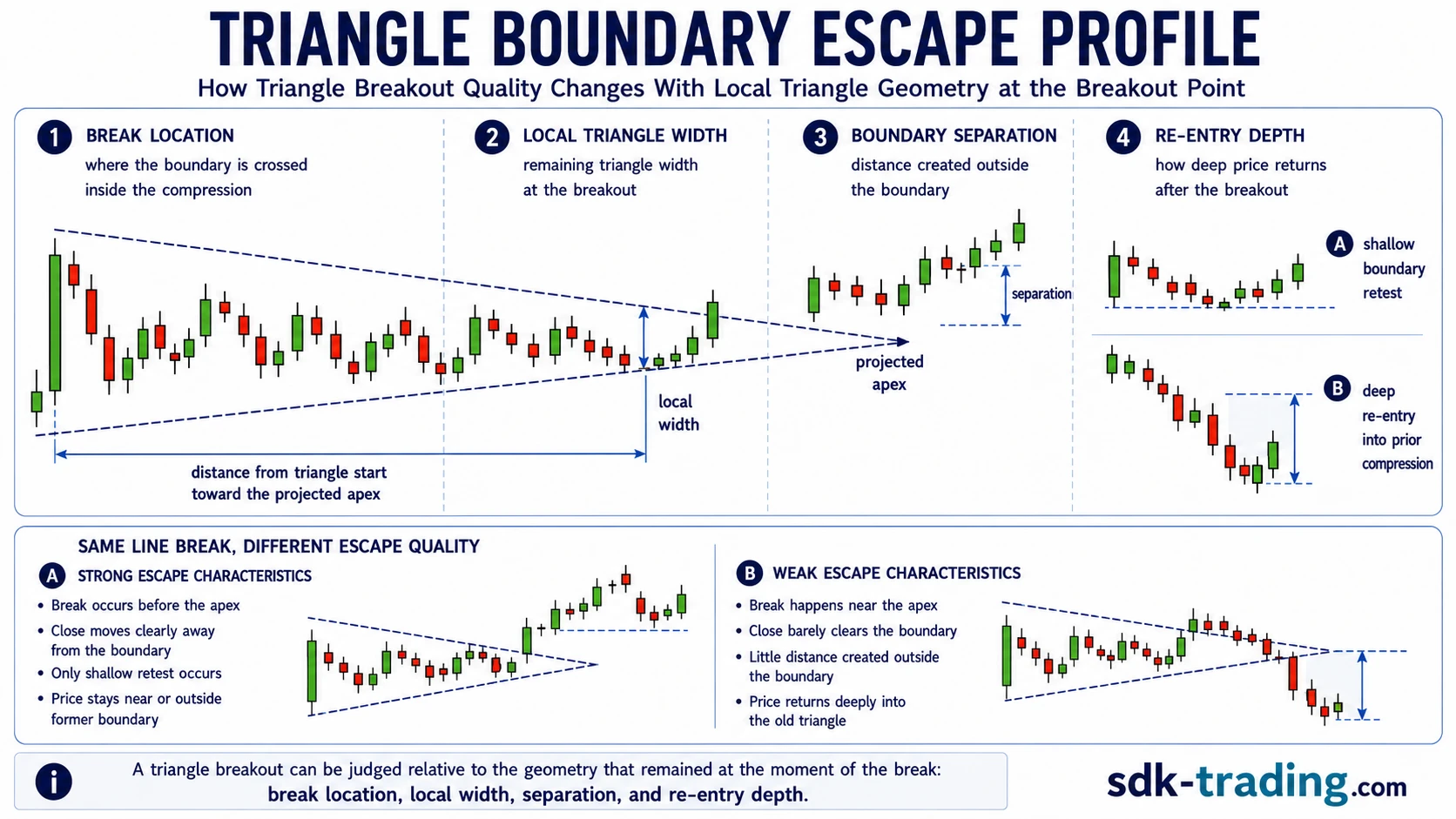 Triangle boundary escape profile showing breakout location, local triangle width, boundary separation, and re-entry depth.
