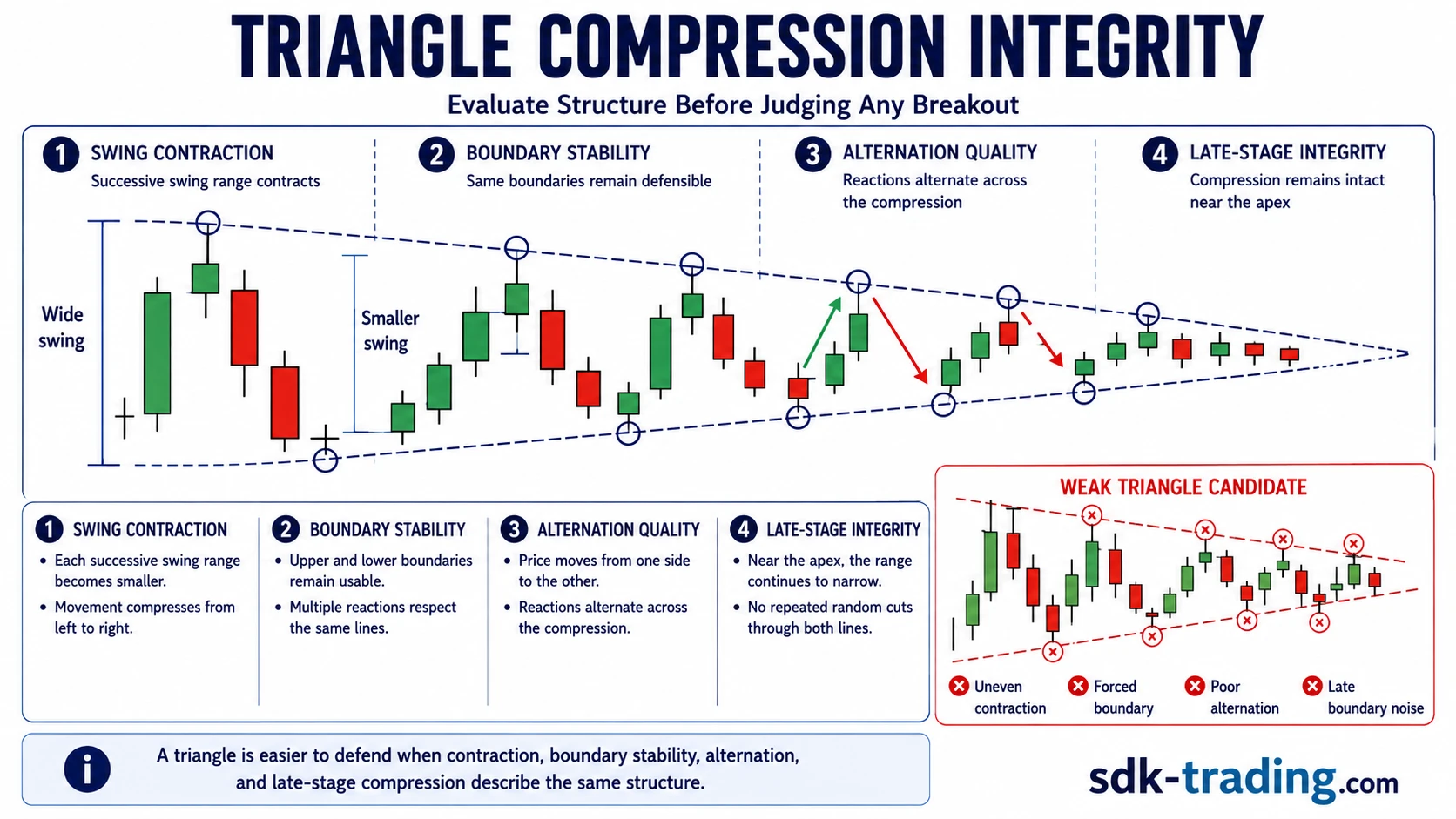 Triangle compression integrity example showing swing contraction, boundary stability, alternation quality, and late-stage compression.